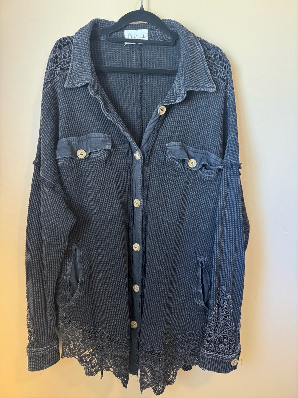 OLI & HALI Women's Oversized Waffle Knit Lace BOHO Shacket Jacket LARGE
